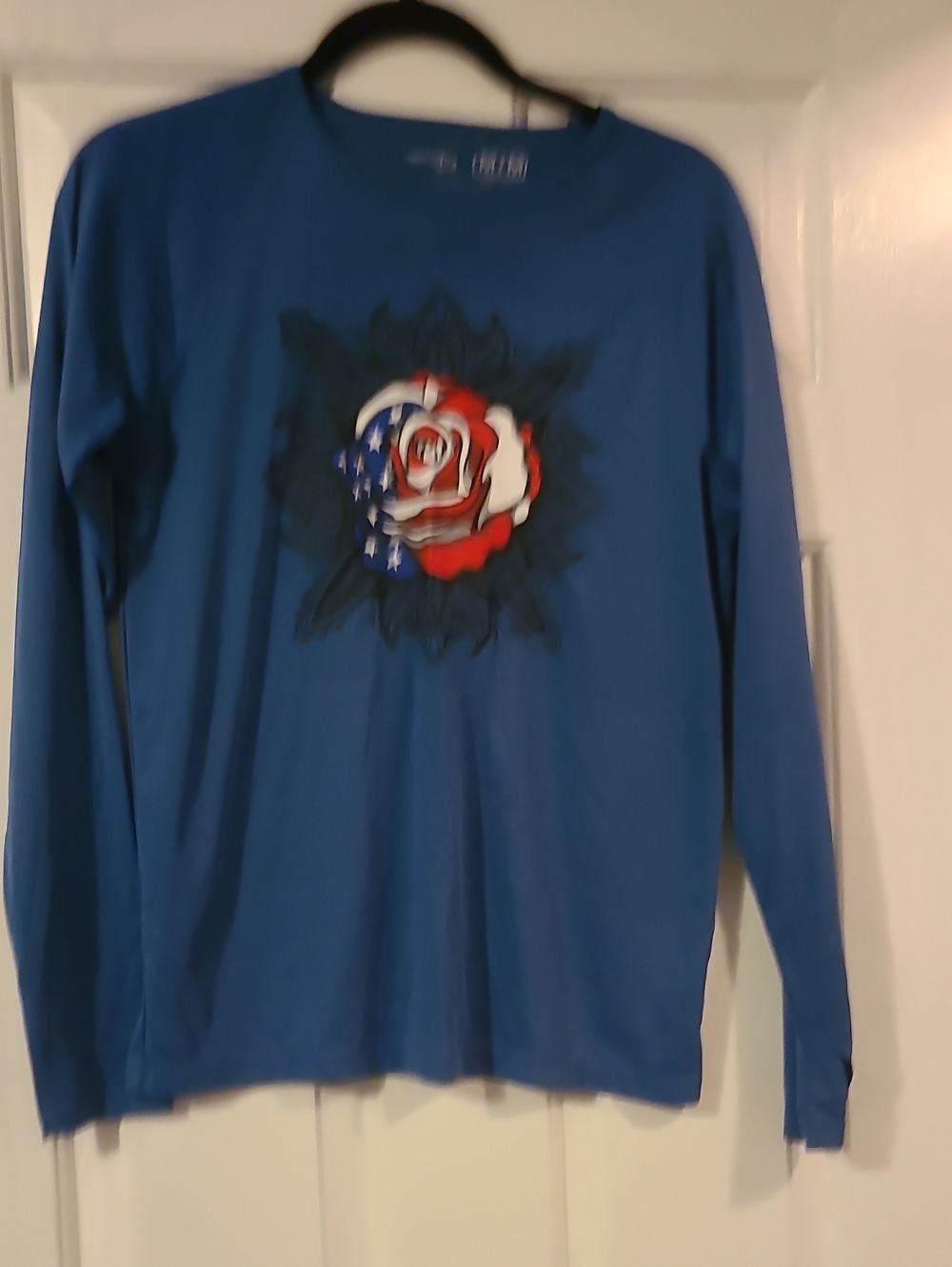 Blue Long Sleeve Tee with American Rose Graphic